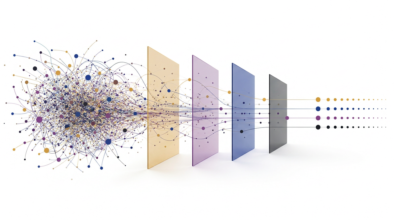 Illustration: a dense tangled cloud of many coloured points joined by chaotic curved lines on the left passes through four upright translucent panes, one colour each, and emerges on the right as four neat, evenly spaced horizontal rows of dots