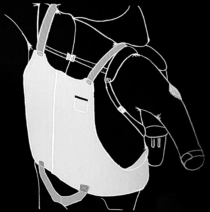 Working sketch of the Sälmagen rescue vest worn over a backpack, seen from the front