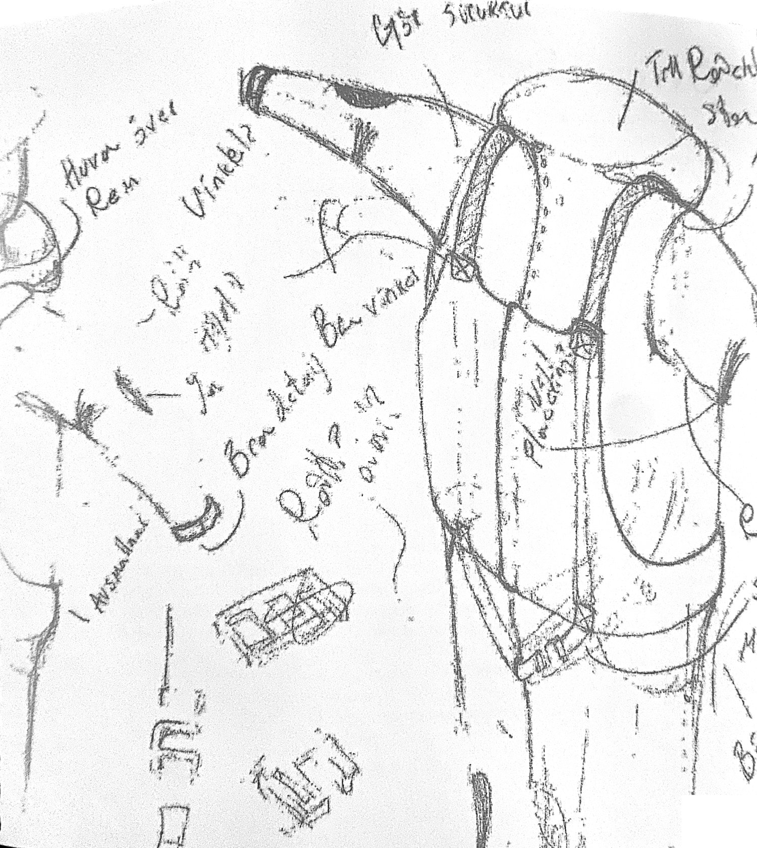 Working page from the design process, with sketches and handwritten notes